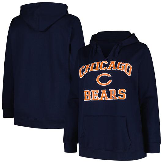 Women's Fanatics Navy Chicago Bears Plus Size Heart and Soul V-Neck Pullover Hoodie