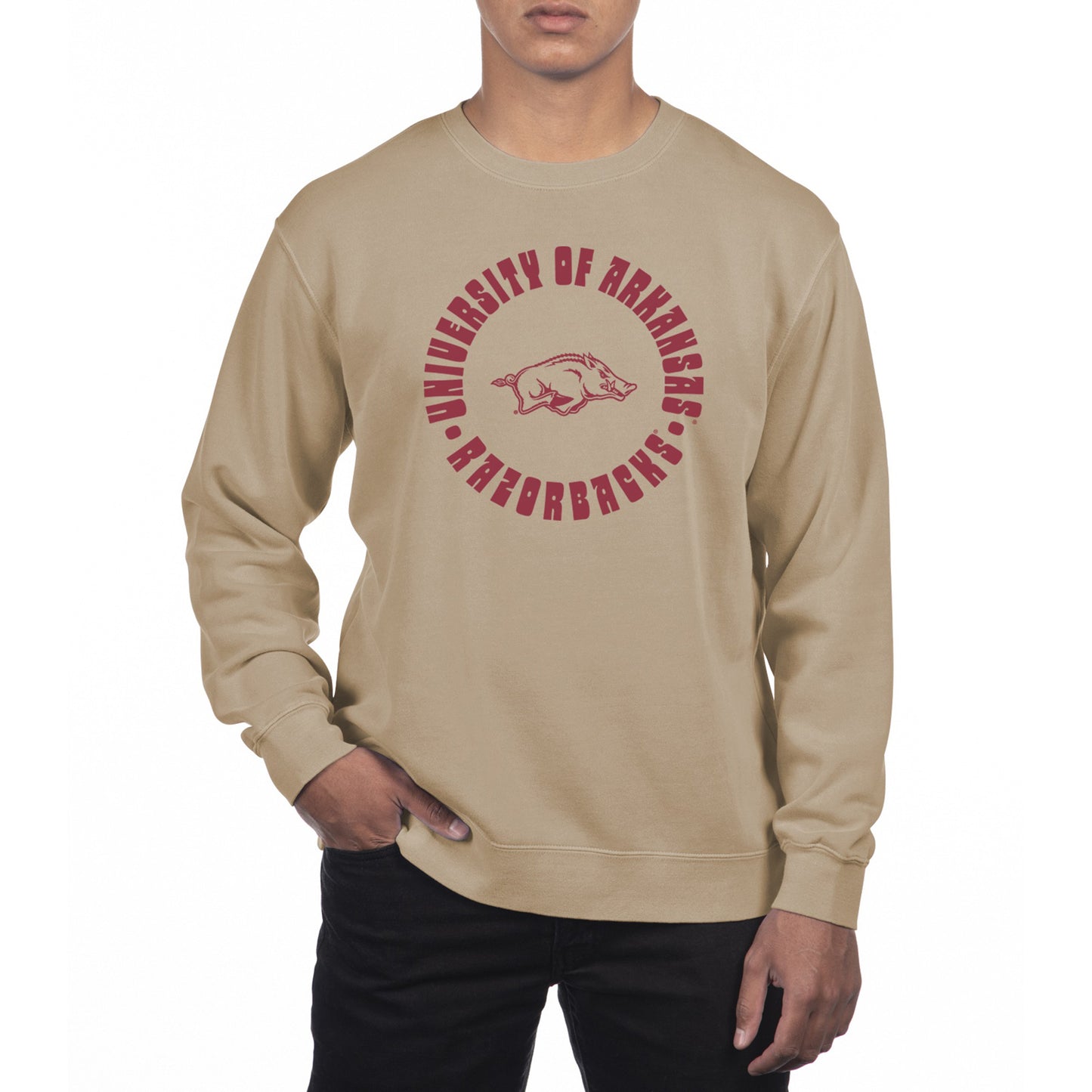 Men's Uscape Apparel Cream Arkansas Razorbacks Pigment Dyed Fleece Crew Neck Sweatshirt