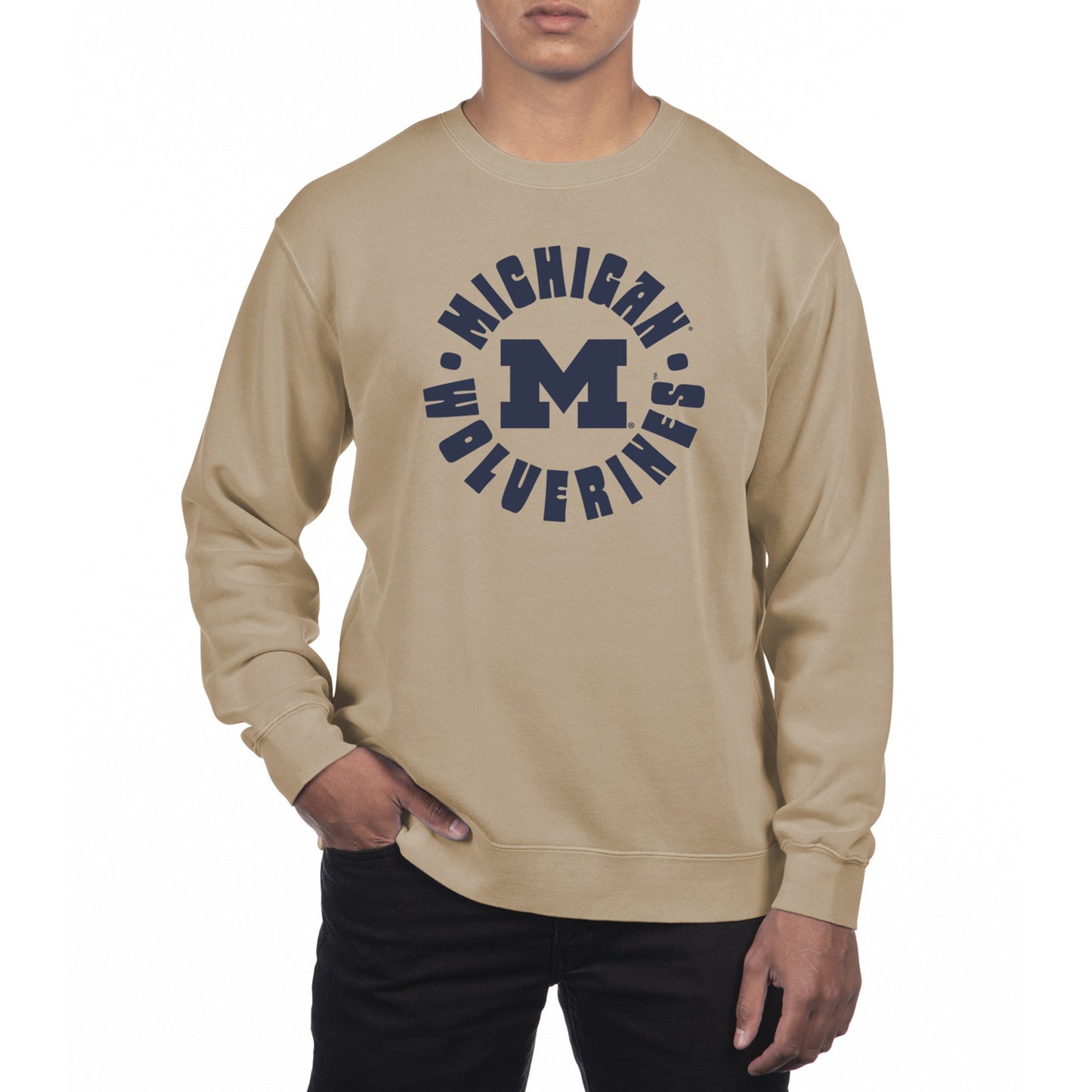 Men's Uscape Apparel Cream Michigan Wolverines Pigment Dyed Fleece Crew Neck Sweatshirt
