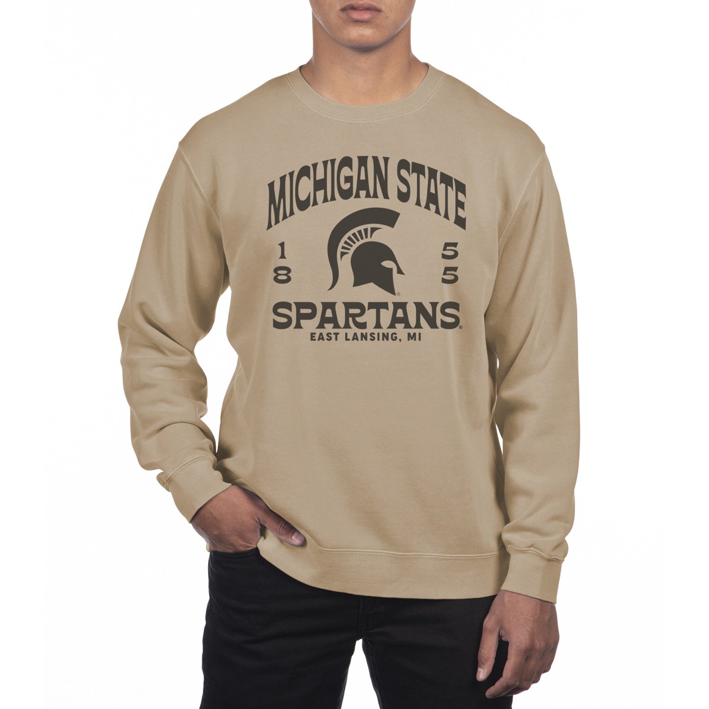 Men's Uscape Apparel Cream Michigan State Spartans Pigment Dyed Fleece Crew Neck Sweatshirt