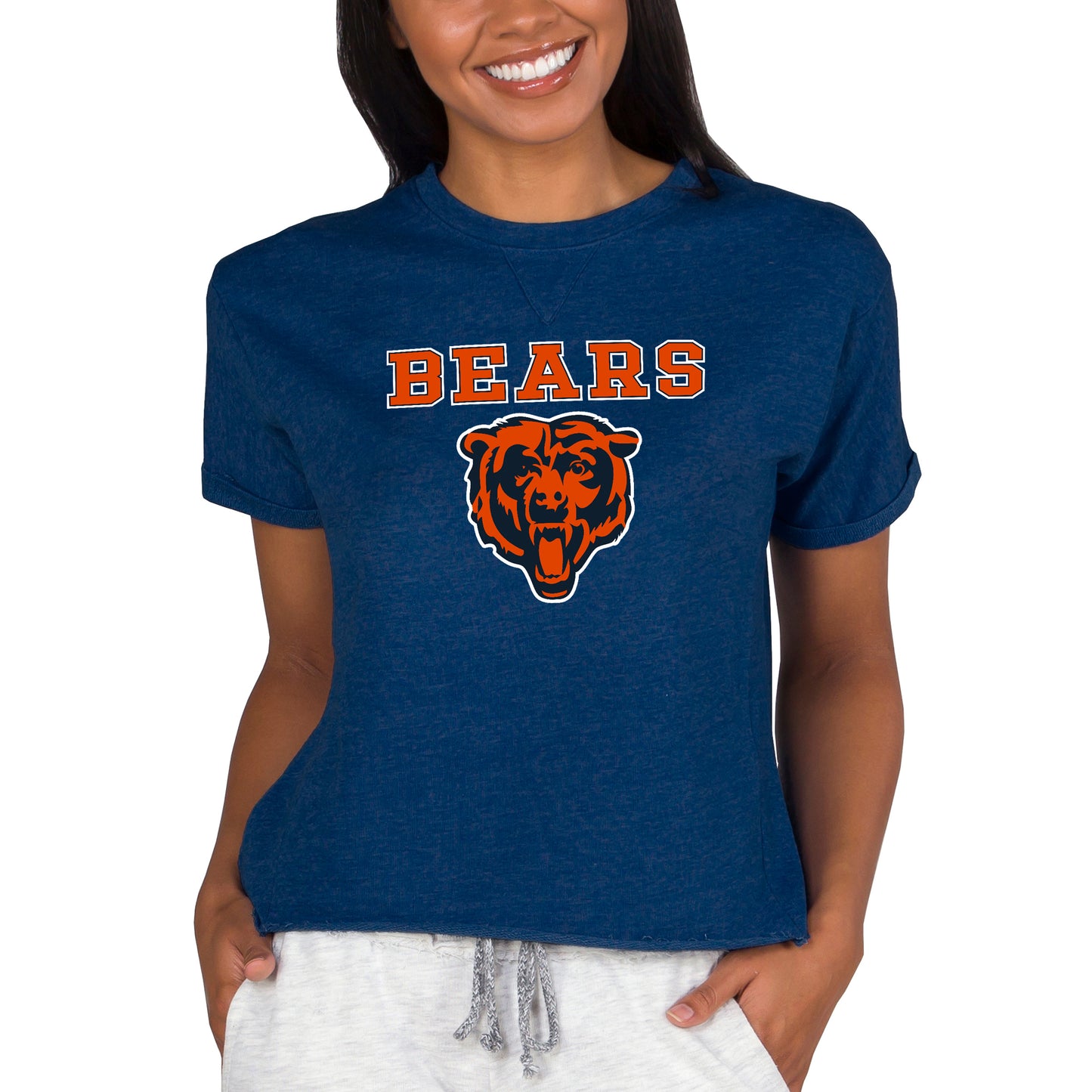 Women's Concepts Sport Navy Chicago Bears Tri-Blend Mainstream Terry Short Sleeve Sweatshirt Top