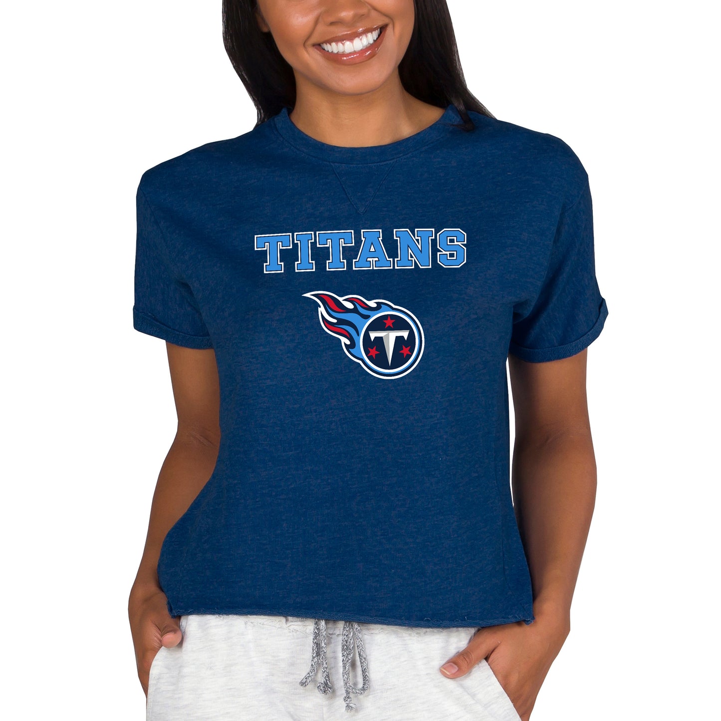 Women's Concepts Sport Navy Tennessee Titans Tri-Blend Mainstream Terry Short Sleeve Sweatshirt Top