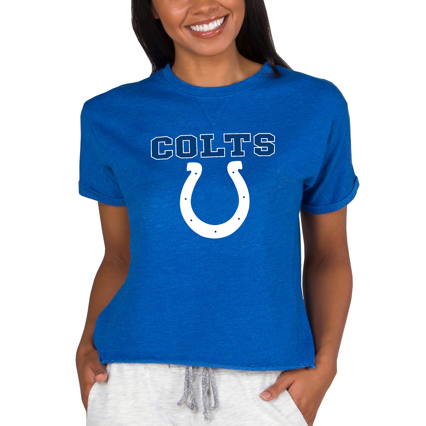 Women's Concepts Sport Royal Indianapolis Colts Tri-Blend Mainstream Terry Short Sleeve Sweatshirt Top