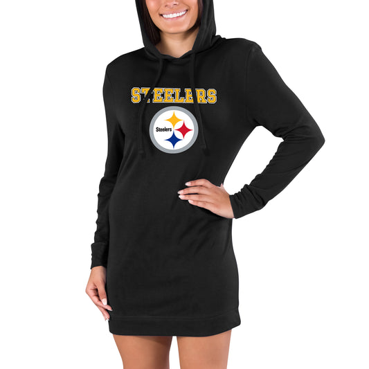 Women's Concepts Sport Black Pittsburgh Steelers Gather Long Sleeve Hoodie Nightshirt