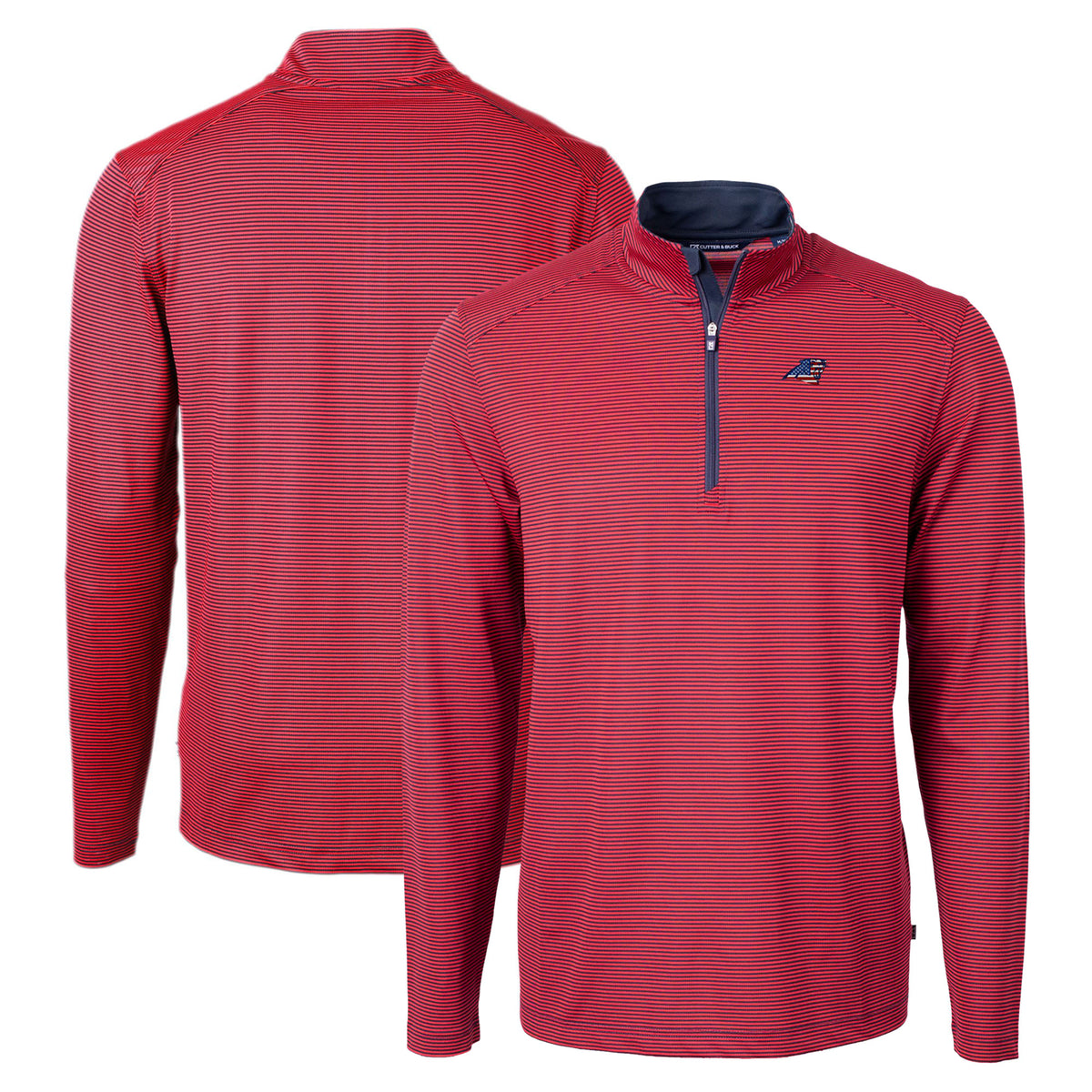 Men's Cutter & Buck Red/Navy Carolina Panthers Virtue Eco Pique Micro Stripe Recycled Quarter-Zip Pullover Top