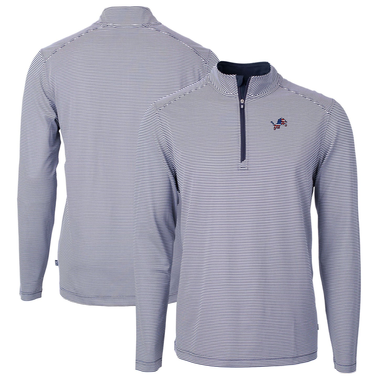 Men's Cutter & Buck Navy/White Detroit Lions Virtue Eco Pique Micro Stripe Recycled Quarter-Zip Pullover Top