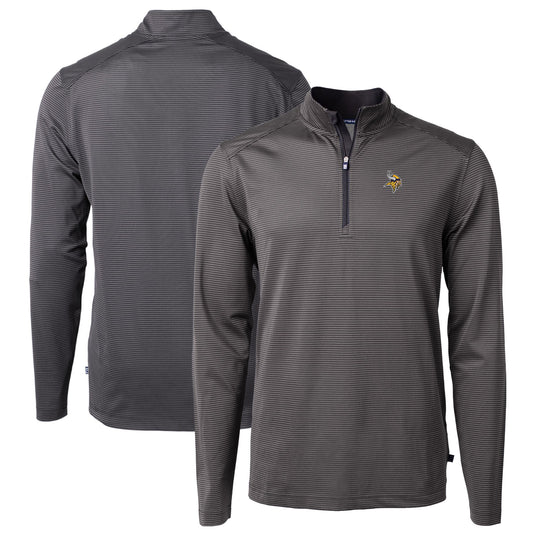 Men's Cutter & Buck Black/Gray Minnesota Vikings Virtue Eco Pique Micro Stripe Recycled Quarter-Zip Pullover Top