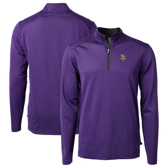 Men's Cutter & Buck Purple/Black Minnesota Vikings Virtue Eco Pique Micro Stripe Recycled Quarter-Zip Pullover Top