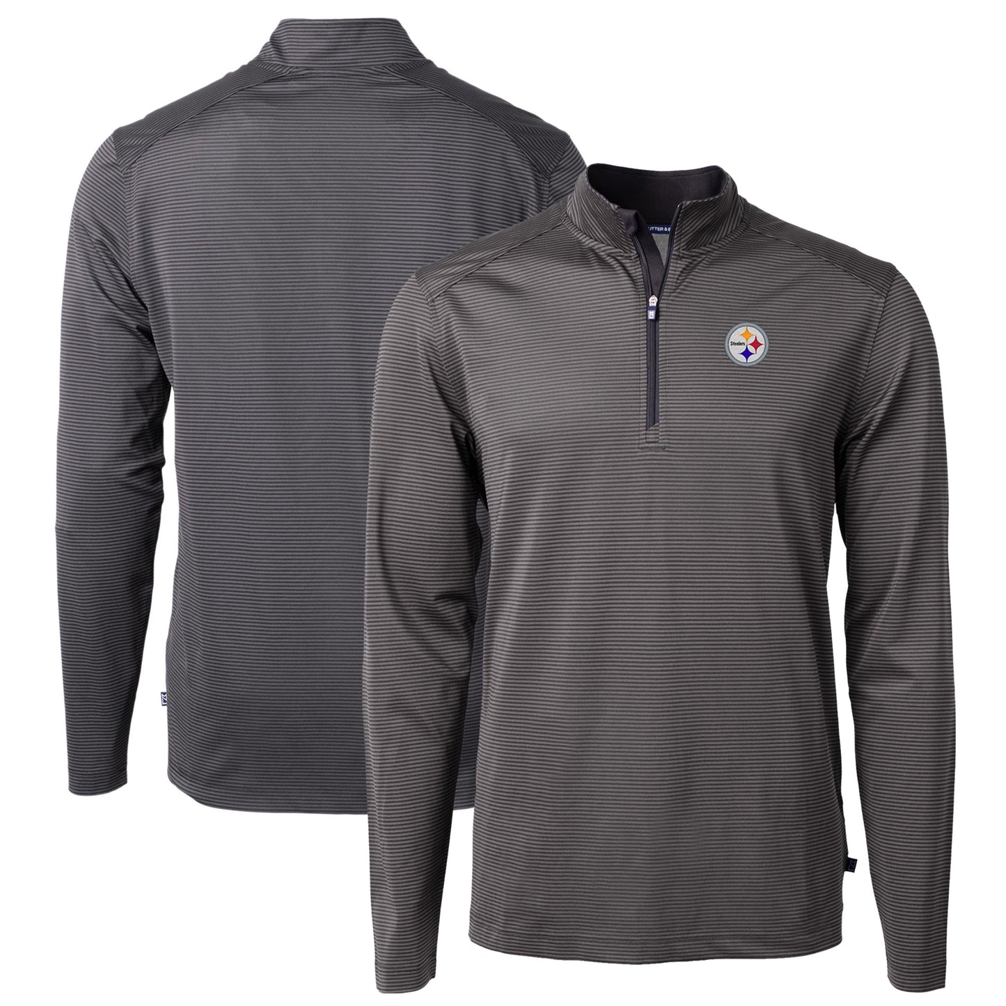 Men's Cutter & Buck Black/Gray Pittsburgh Steelers Virtue Eco Pique Micro Stripe Recycled Quarter-Zip Pullover Top