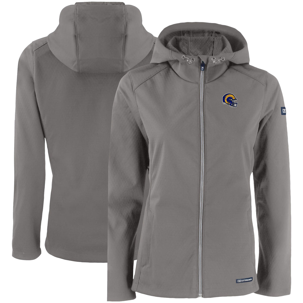 Women's Cutter & Buck Gray Los Angeles Rams Evoke Eco Softshell Recycled Full-Zip Hooded Jacket