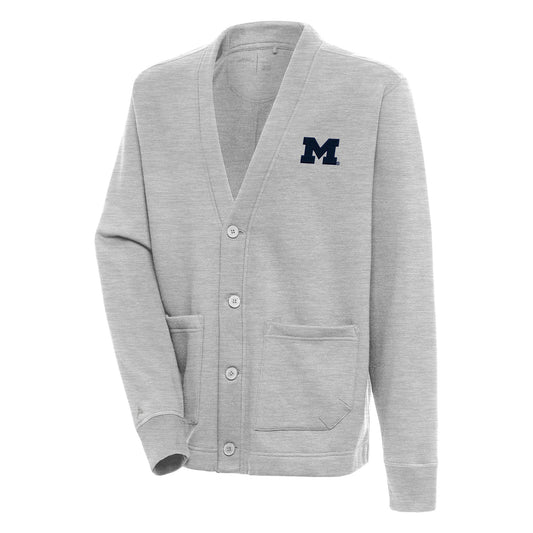 Men's Antigua  Heather Gray Michigan Wolverines Victory Cardigan