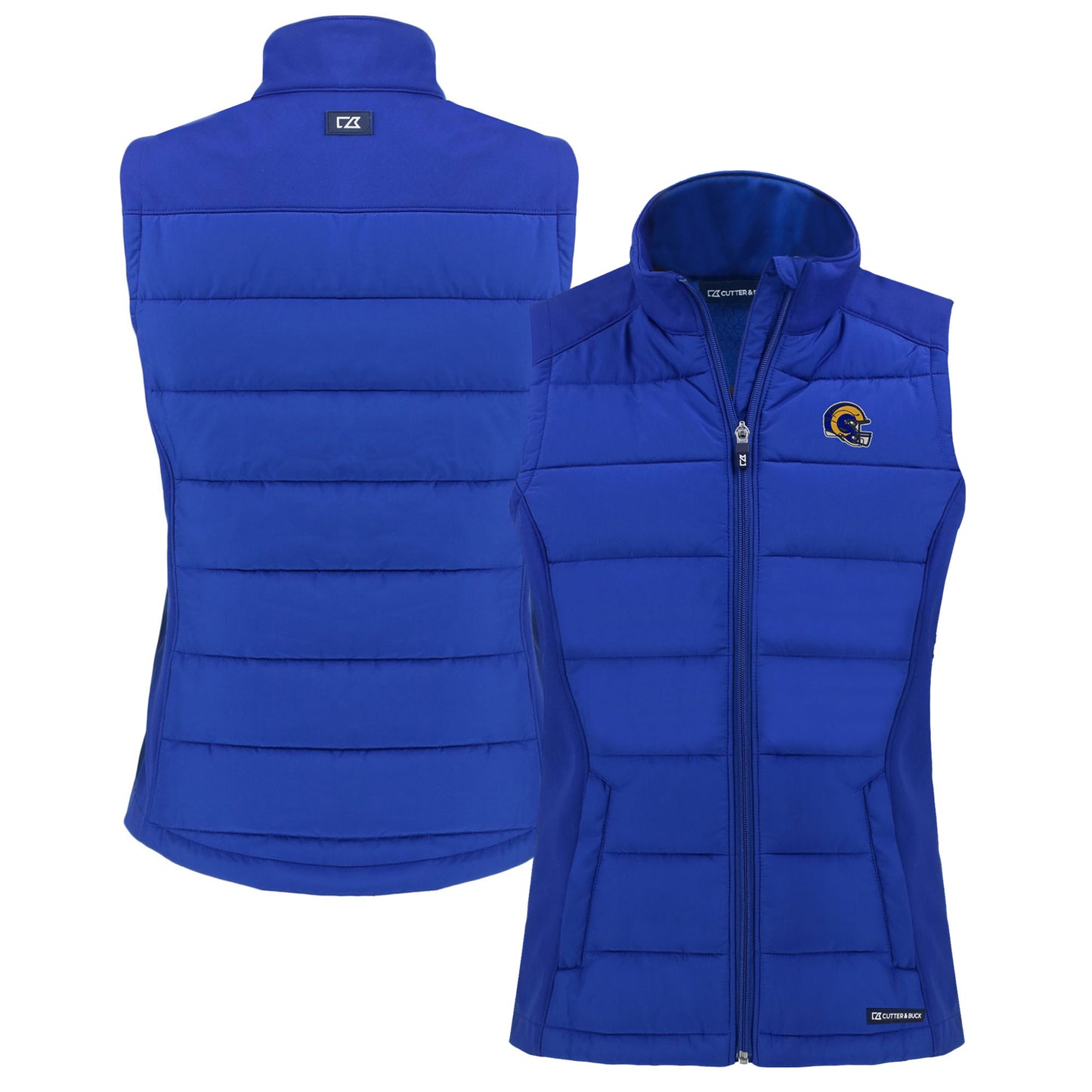 Women's Cutter & Buck  Blue Los Angeles Rams Helmet Evoke Hybrid Eco Softshell Recycled Full-Zip Vest