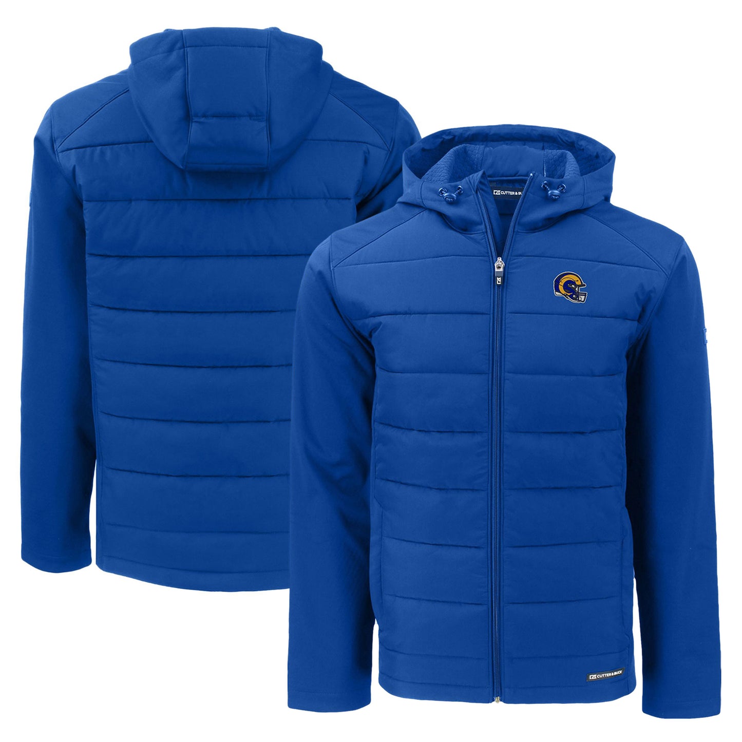 Men's Cutter & Buck Royal Los Angeles Rams Helmet Evoke Hybrid Eco Softshell Recycled Full-Zip Hoodie Jacket