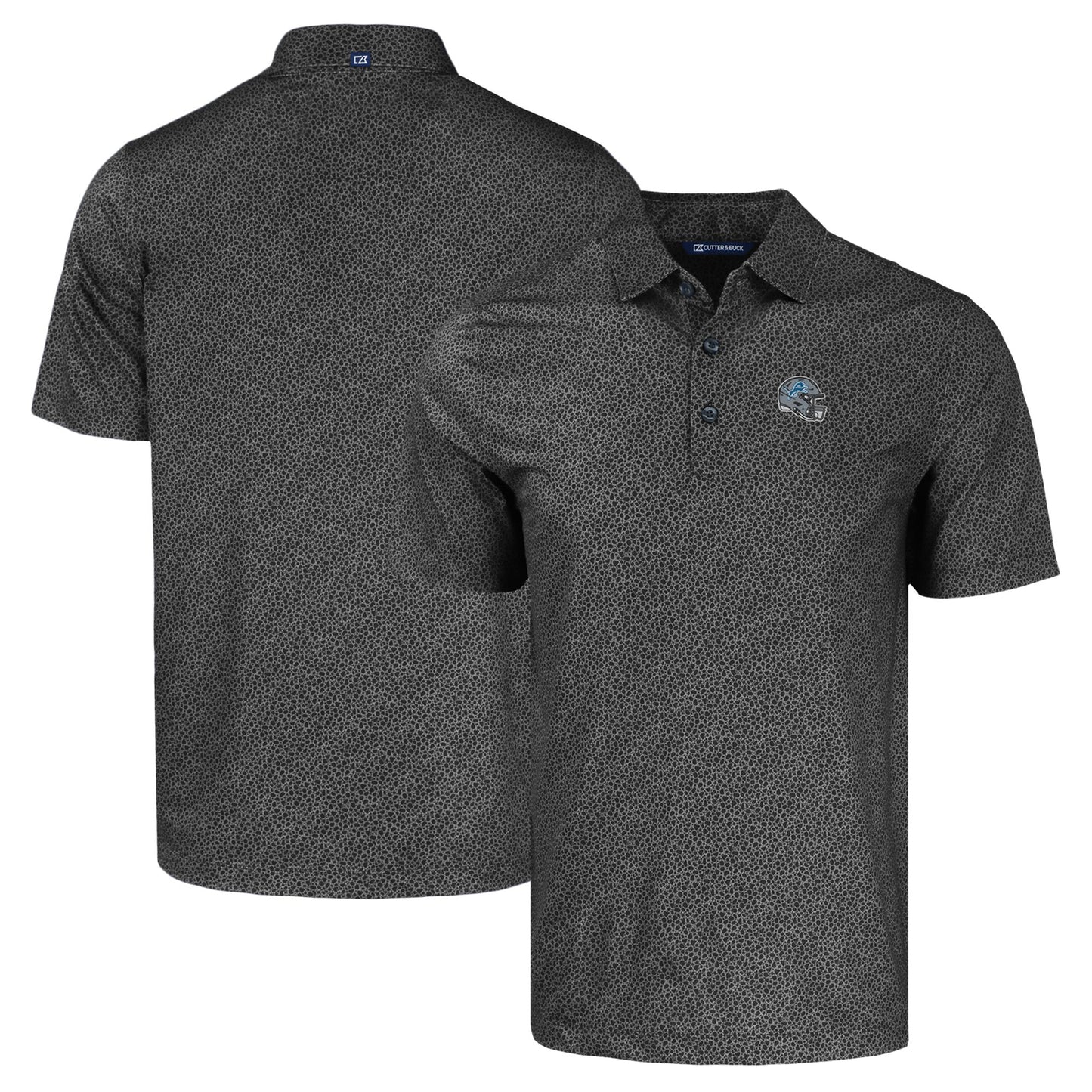 Men's Cutter & Buck  Black Detroit Lions Helmet Pike Eco Pebble Print Stretch Recycled Polo