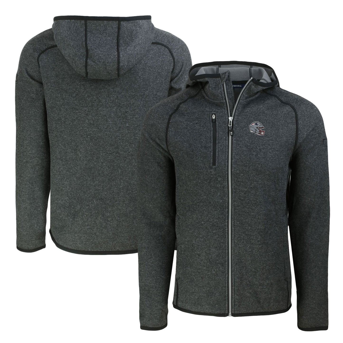 Men's Cutter & Buck  Heather Charcoal New England Patriots  Helmet Mainsail Sweater-Knit Full-Zip Hoodie