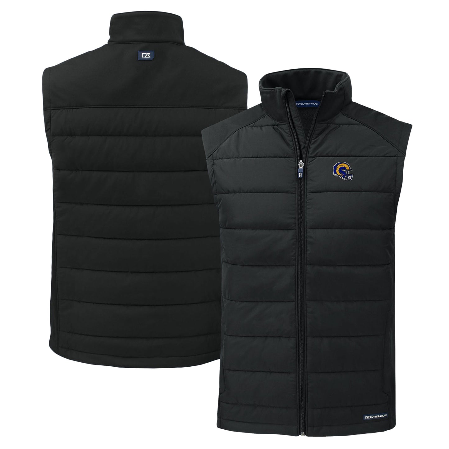 Men's Cutter & Buck Black Los Angeles Rams Helmet Evoke Hybrid Eco Softshell Recycled Full-Zip Vest