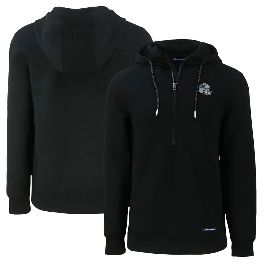 Men's Cutter & Buck Black Carolina Panthers Helmet Roam Eco Half-Zip Recycled Pullover Hoodie
