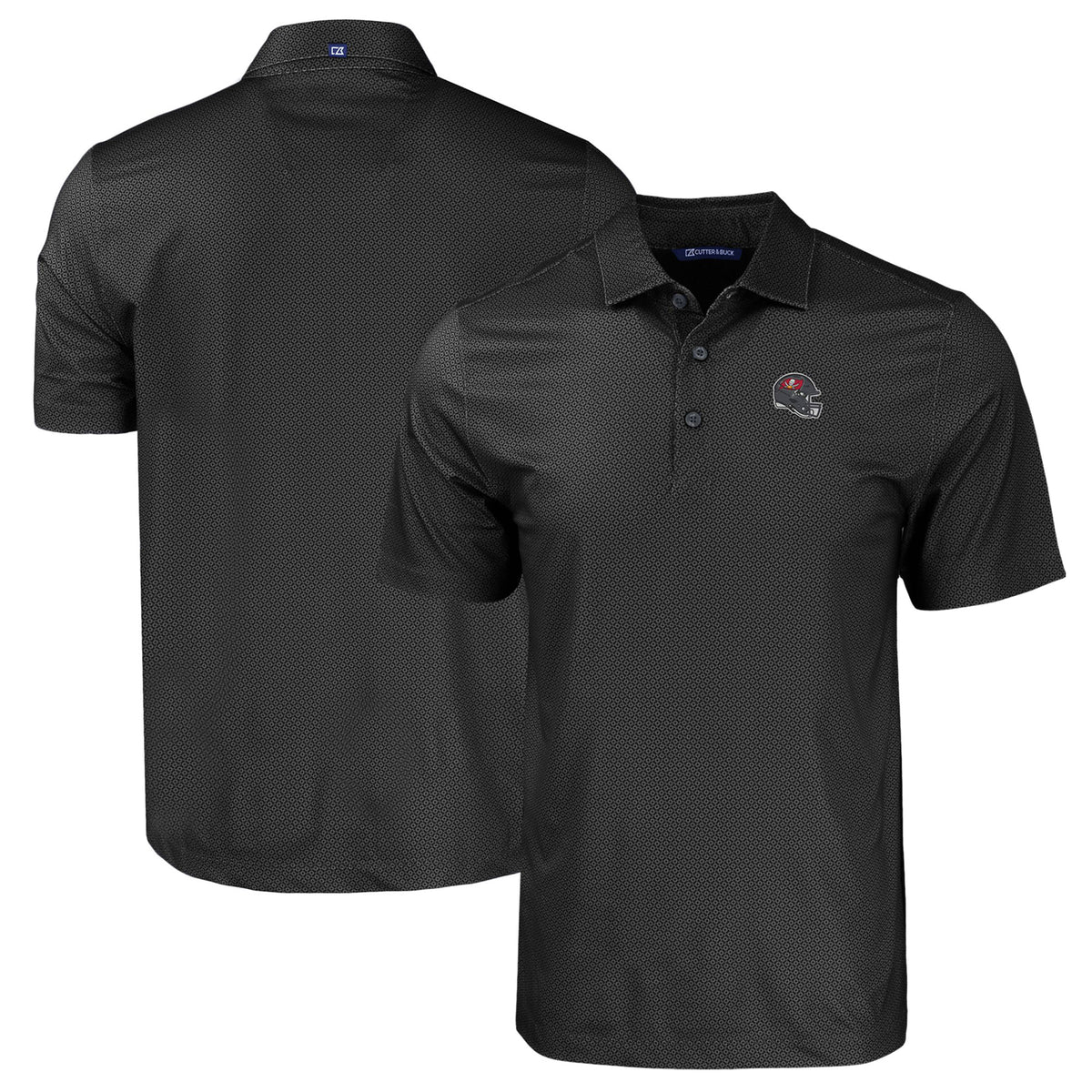 Men's Cutter & Buck  Black Tampa Bay Buccaneers Helmet Big & Tall Pike Eco Tonal Geo Print Stretch Recycled Polo