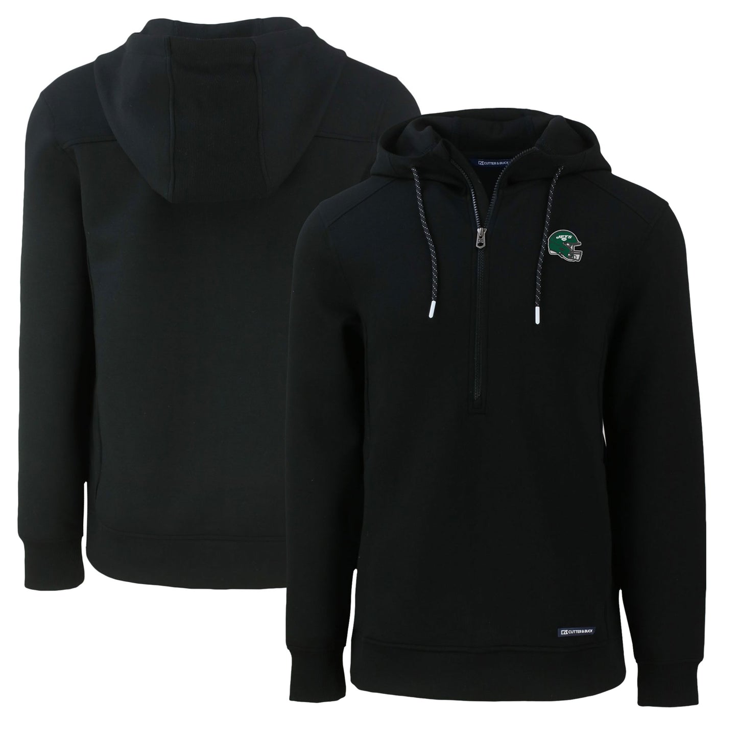 Men's Cutter & Buck Black New York Jets Helmet Roam Eco Half-Zip Recycled Pullover Hoodie