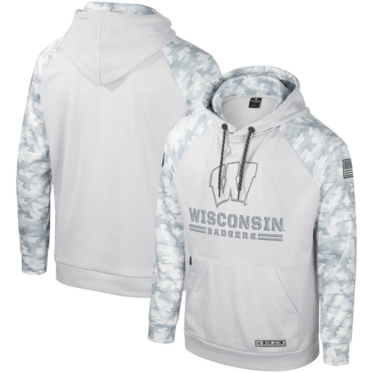 Men's Colosseum Gray Wisconsin Badgers OHT Military Appreciation Ice Raglan Pullover Hoodie