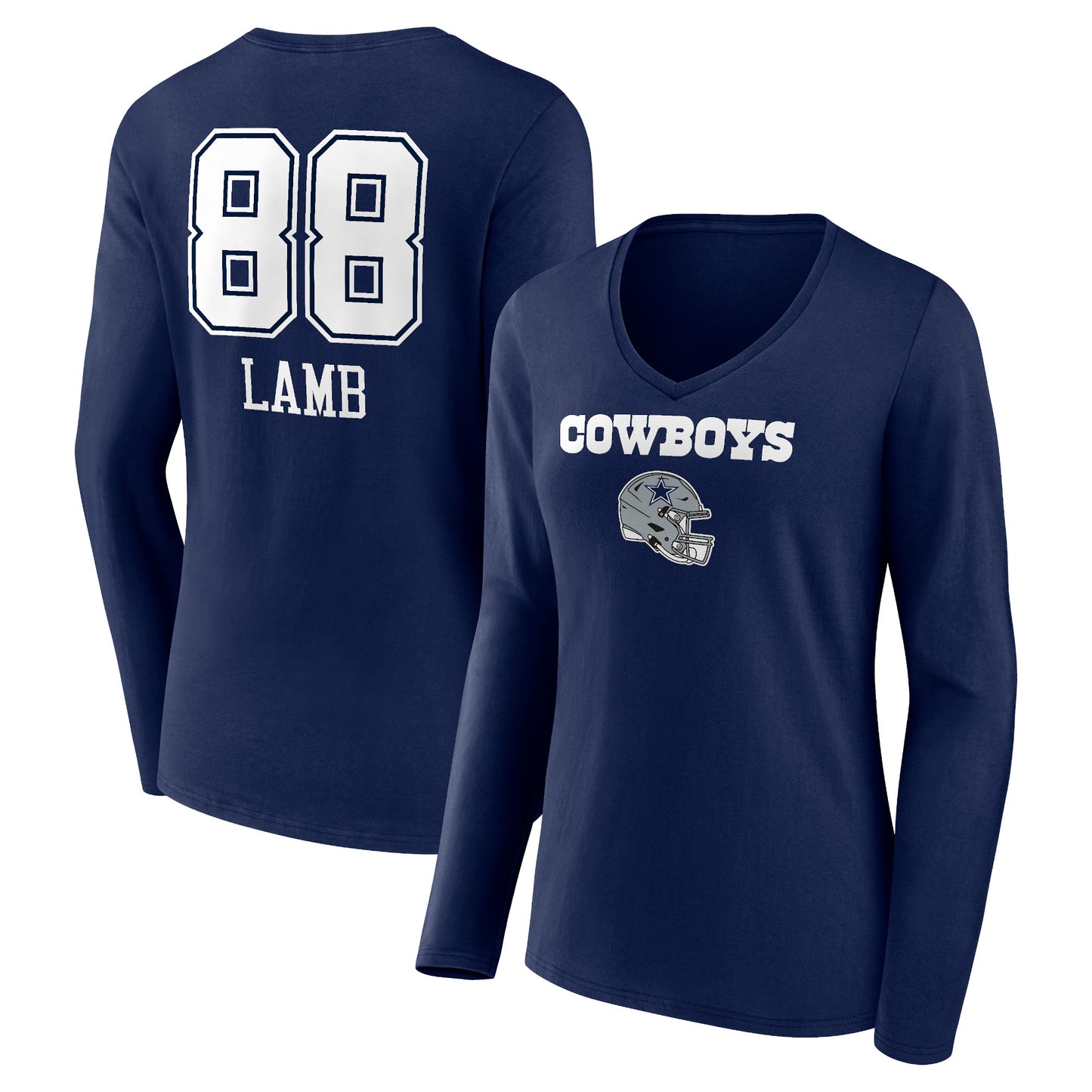 Women's CeeDee Lamb Navy Dallas Cowboys Team Wordmark Player Name & Number Long Sleeve V-Neck T-Shirt