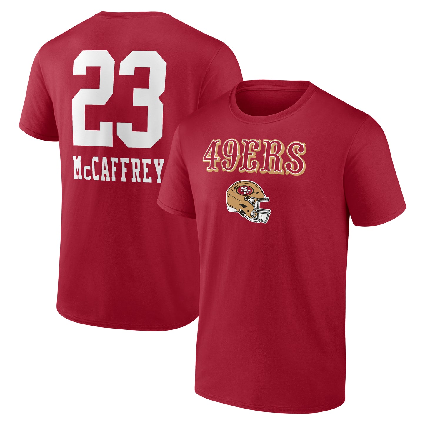 Men's Christian McCaffrey Scarlet San Francisco 49ers Team Wordmark Player Name & Number T-Shirt