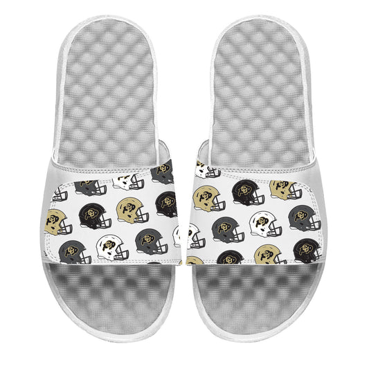 Men's ISlide White Colorado Buffaloes Helmet Pattern Slide Sandals