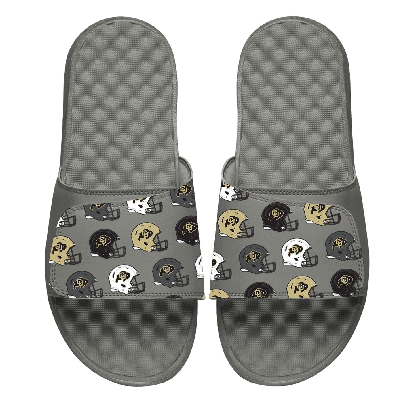 Men's ISlide Gray Colorado Buffaloes Helmet Pattern Slide Sandals