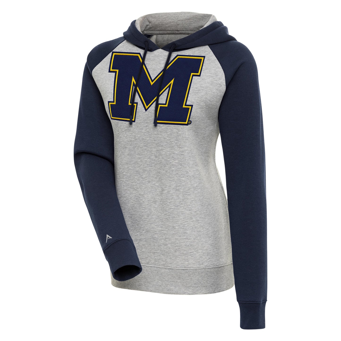 Women's Antigua Heather Gray/Navy Michigan Wolverines Victory Raglan Sleeve Pullover Hoodie