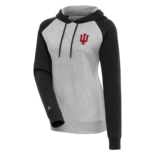 Women's Antigua Heather Gray/Black Indiana Hoosiers Victory Raglan Sleeve Pullover Hoodie