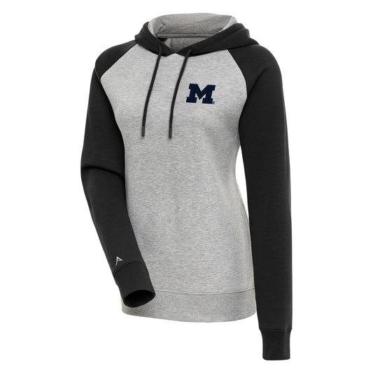 Women's Antigua Heather Gray/Black Michigan Wolverines Victory Raglan Sleeve Pullover Hoodie