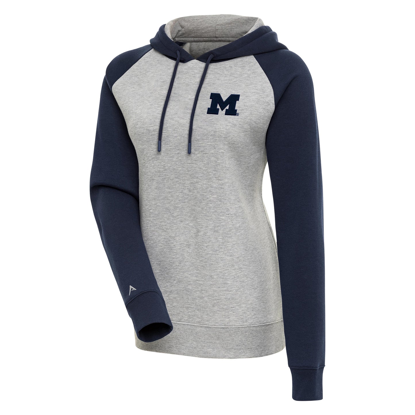 Women's Antigua Heather Gray/Navy Michigan Wolverines Victory Raglan Sleeve Pullover Hoodie