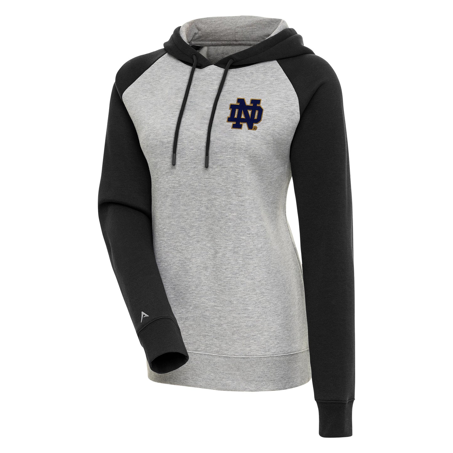 Women's Antigua Heather Gray/Black Notre Dame Fighting Irish Victory Raglan Sleeve Pullover Hoodie