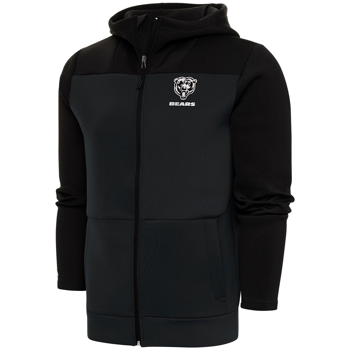 Men's Antigua Black/Charcoal Chicago Bears Metallic Logo Protect Full-Zip Hoodie