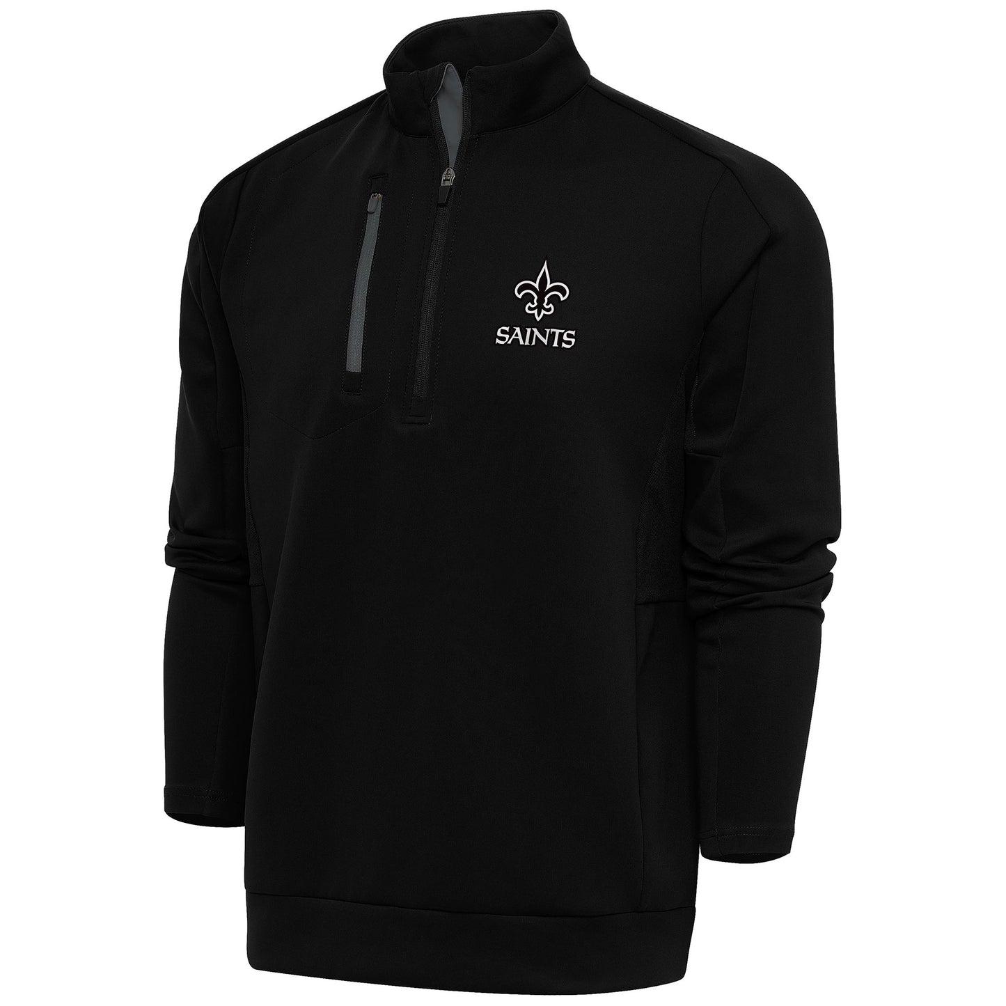 Men's Antigua Black New Orleans Saints Metallic Logo Generation Quarter-Zip Pullover Top