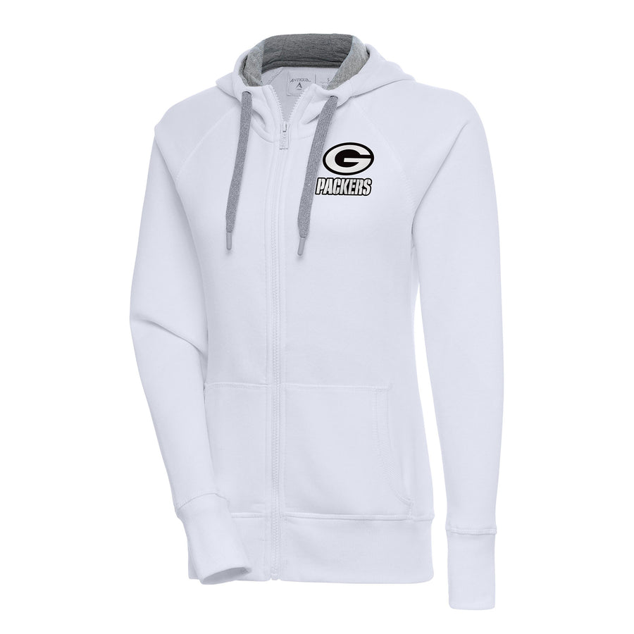 Women's Antigua  White Green Bay Packers Brushed Metallic Victory Full-Zip Hoodie