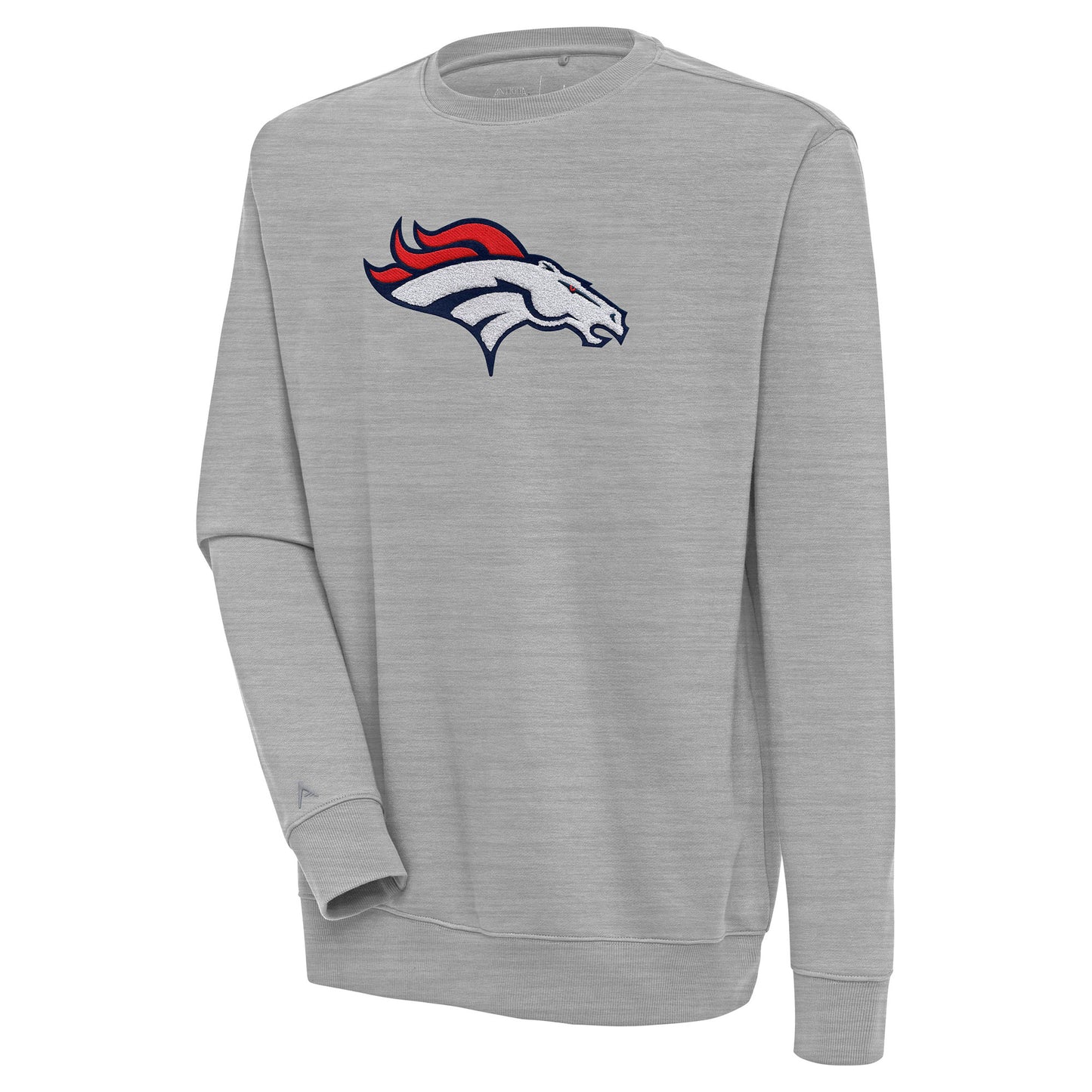 Men's Antigua  Heather Gray Denver Broncos Victory Crewneck Pullover Sweatshirt