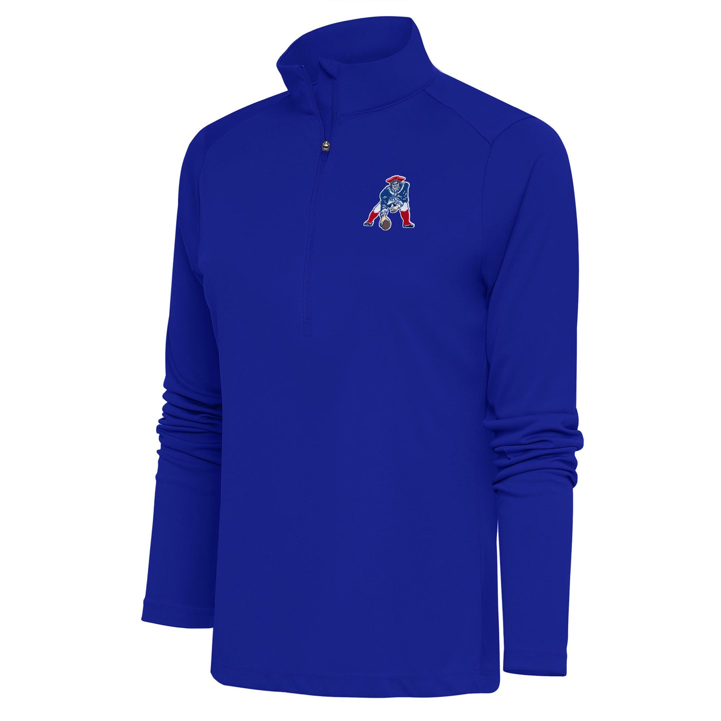 Women's Antigua Royal New England Patriots Throwback Logo Tribute Half-Zip Pullover Top