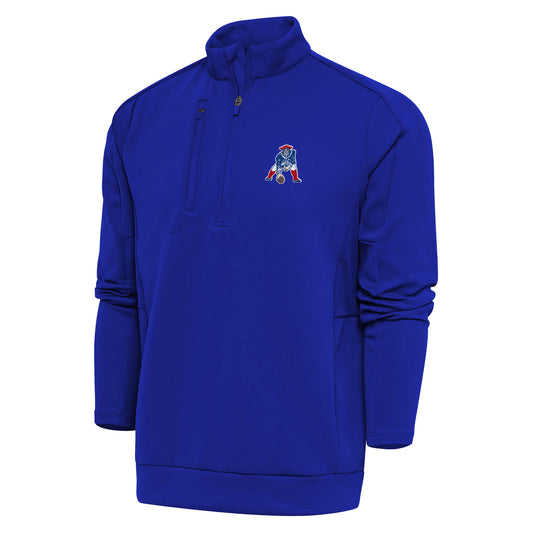 Men's Antigua Royal New England Patriots Throwback Logo Generation Quarter-Zip Pullover Top