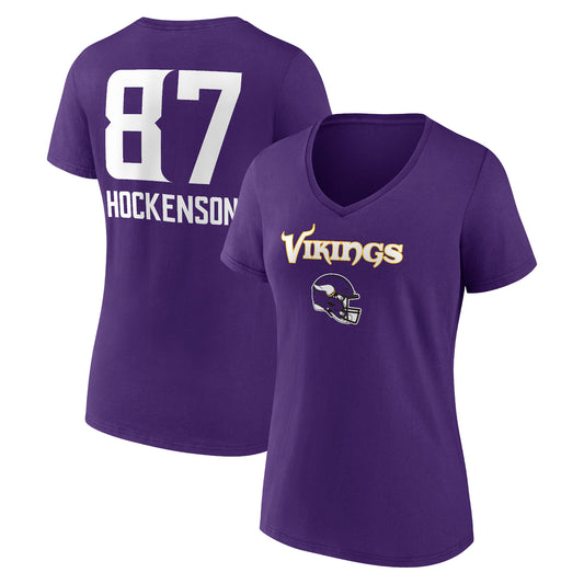 Women's T.J. Hockenson Purple Minnesota Vikings Team Wordmark Player Name & Number V-Neck T-Shirt