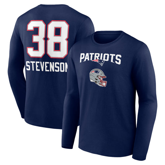 Men's Rhamondre Stevenson Navy New England Patriots Team Wordmark Player Name & Number Long Sleeve T-Shirt