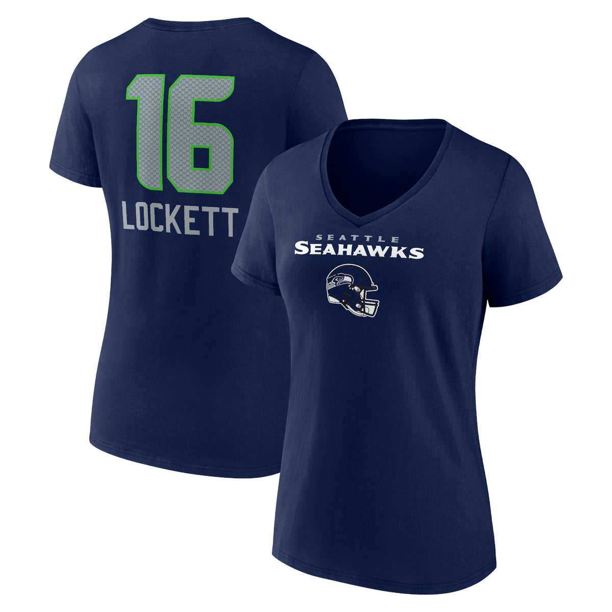 Women's Tyler Lockett College Navy Seattle Seahawks Team Wordmark Player Name & Number V-Neck T-Shirt