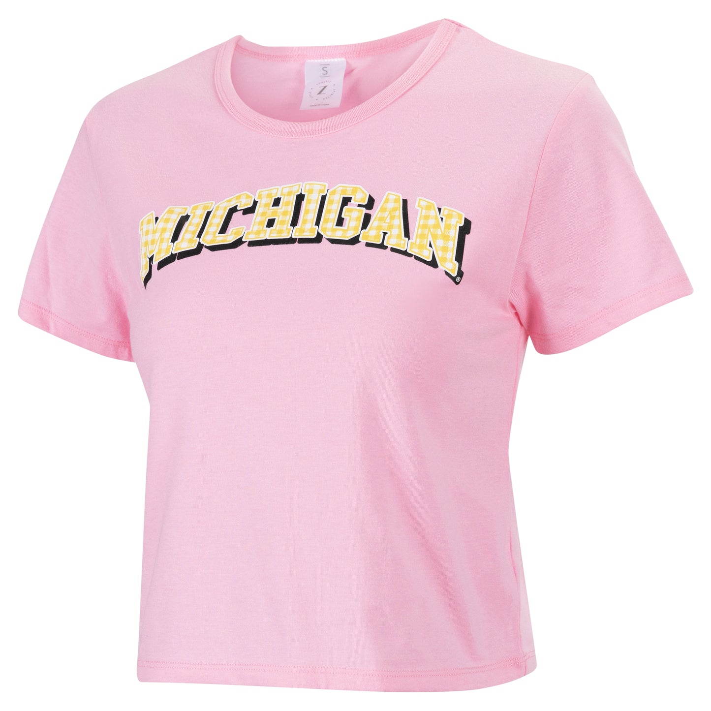 Women's ZooZatz Pink Michigan Wolverines Gingham Logo Cropped T-Shirt