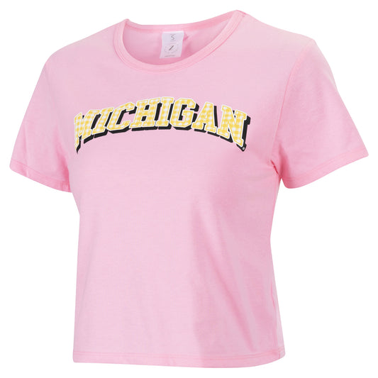 Women's ZooZatz Pink Michigan Wolverines Gingham Logo Cropped T-Shirt