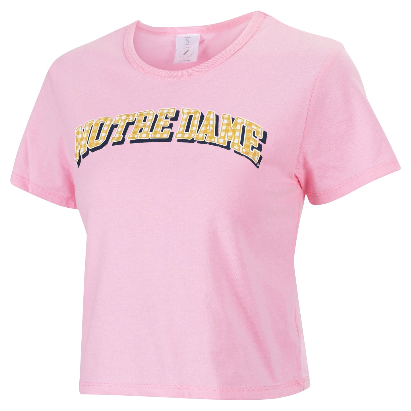 Women's ZooZatz Pink Notre Dame Fighting Irish Gingham Logo Cropped T-Shirt