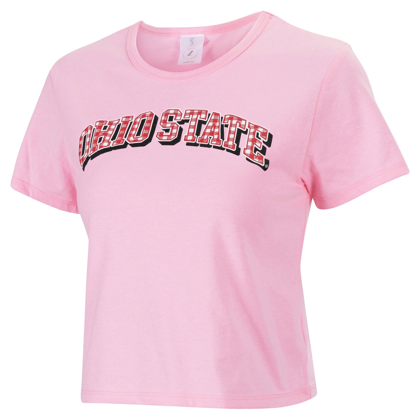 Women's ZooZatz Pink Ohio State Buckeyes Gingham Logo Cropped T-Shirt