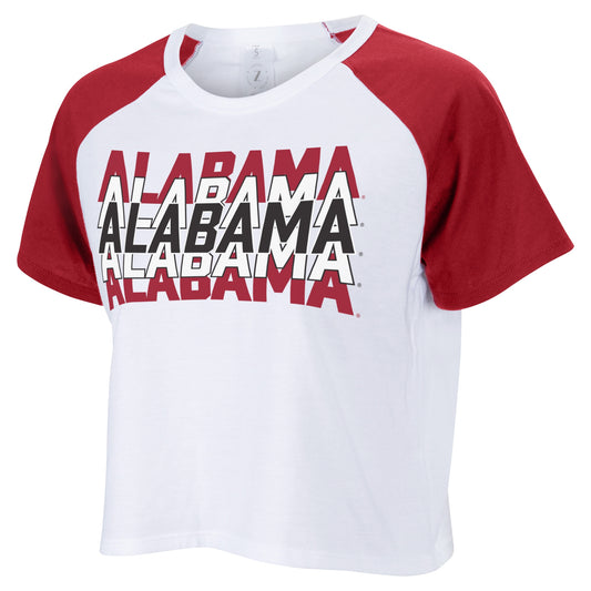 Women's ZooZatz White Alabama Crimson Tide Colorblock Repeat Raglan Cropped T-Shirt