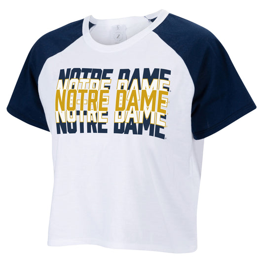 Women's ZooZatz White Notre Dame Fighting Irish Colorblock Repeat Raglan Cropped T-Shirt