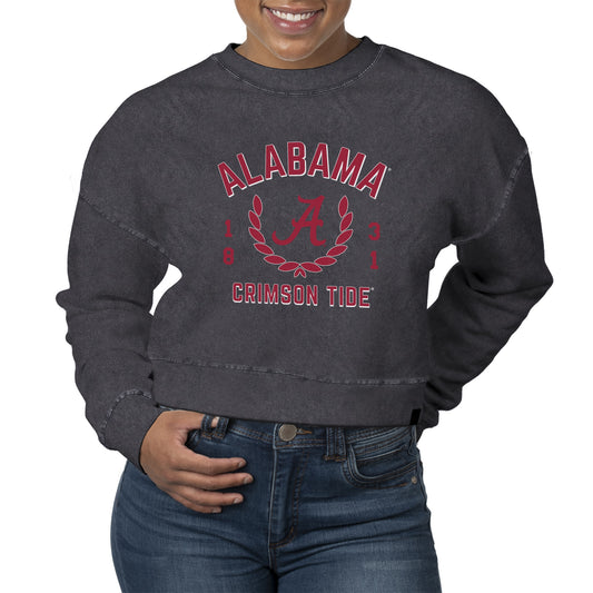 Women's Uscape Apparel  Black Alabama Crimson Tide Laurels Fleece Crop Pullover Sweatshirt