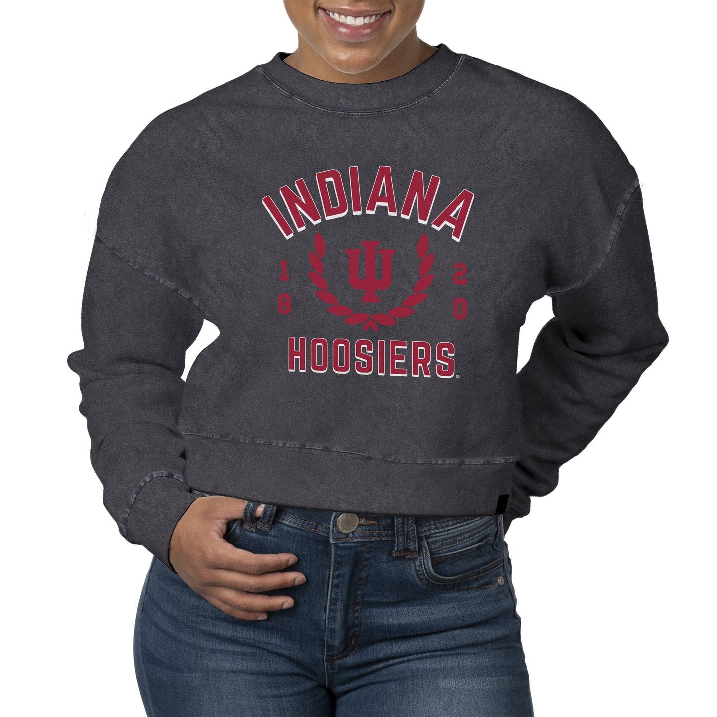 Women's Uscape Apparel  Black Indiana Hoosiers Laurels Fleece Crop Pullover Sweatshirt